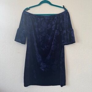 90's VINTAGE Velvet Dress‎ Women L Navy Blue Floral Off Shoulder Bell Sleeve